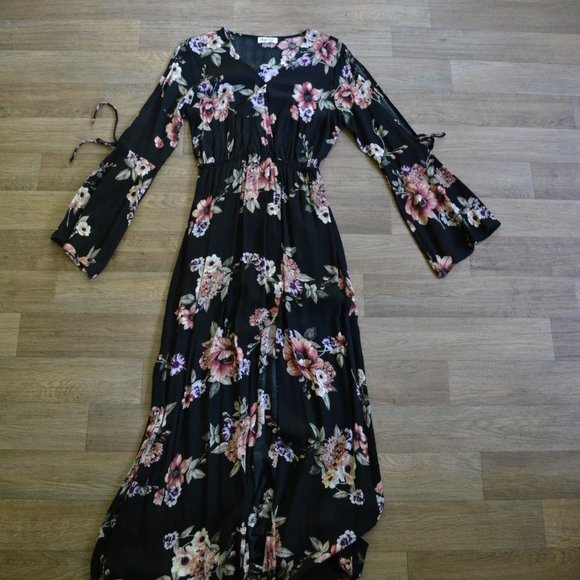 Black Wrap Floral Coldshoulder Bellsleeve Maxi Dress Side Slit Women Size Small - Picture 6 of 11